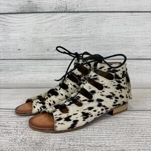 Naughty Monkey Women's Nola Leather Cow Print Lace Up Sandals Size 6.5